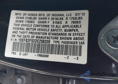 2013 Honda Civic Lx из США, поврежденный, VIN 19XFB2F52DE258326